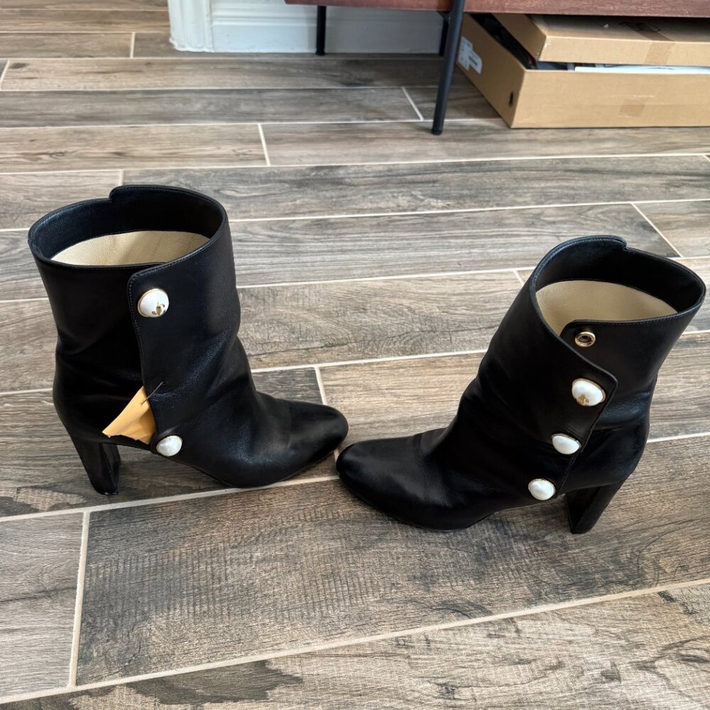 Jimmy Choo Black Leather Ankle Boots with Pearl Buttons - Size 40